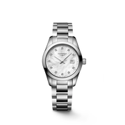 Orologio Longines Evidenza L22864876 con cassa tonneau in acciaio da 35x43 mm, quadrante argenté con numeri romani neri e lancette blu a forma di gladio.